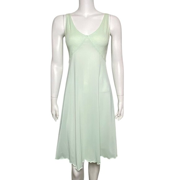 Vintage Shadowline Nylon Slip Dress Womens Size S Lace Trim Green V Neck - Picture 1 of 8
